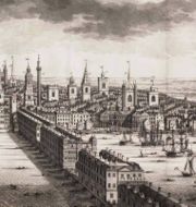 This section of a prospect of London published in 1710 shows Old London Bridge, The Monument (the tall column centre left) and the Custom House (the building on the riverbank, centre right).